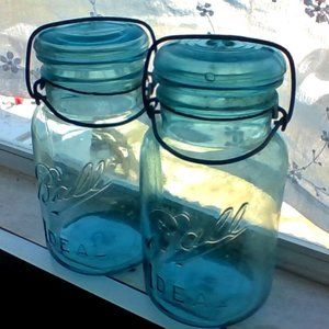 Two Beautiful Blue vintage mason jars